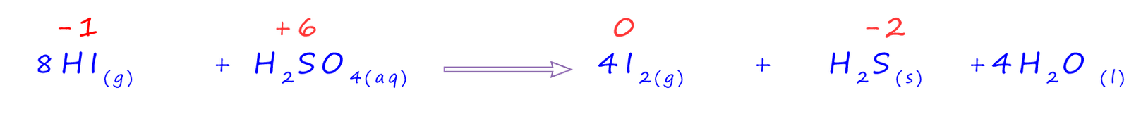 Equation for the reduction of sulfuric acid using HI to form hydrogen sulfide gas.
